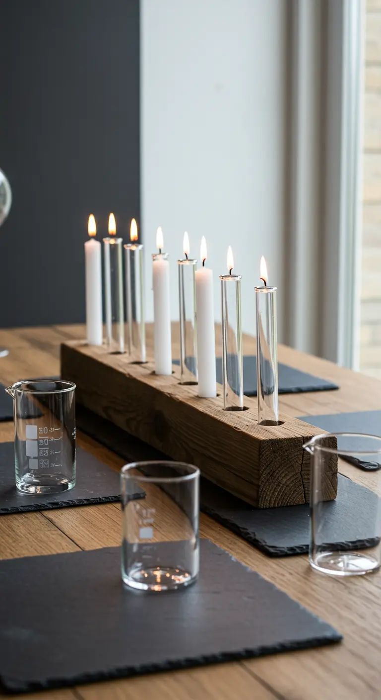 A row of taper candles placed inside glass test tubes, which are set into a wooden block.