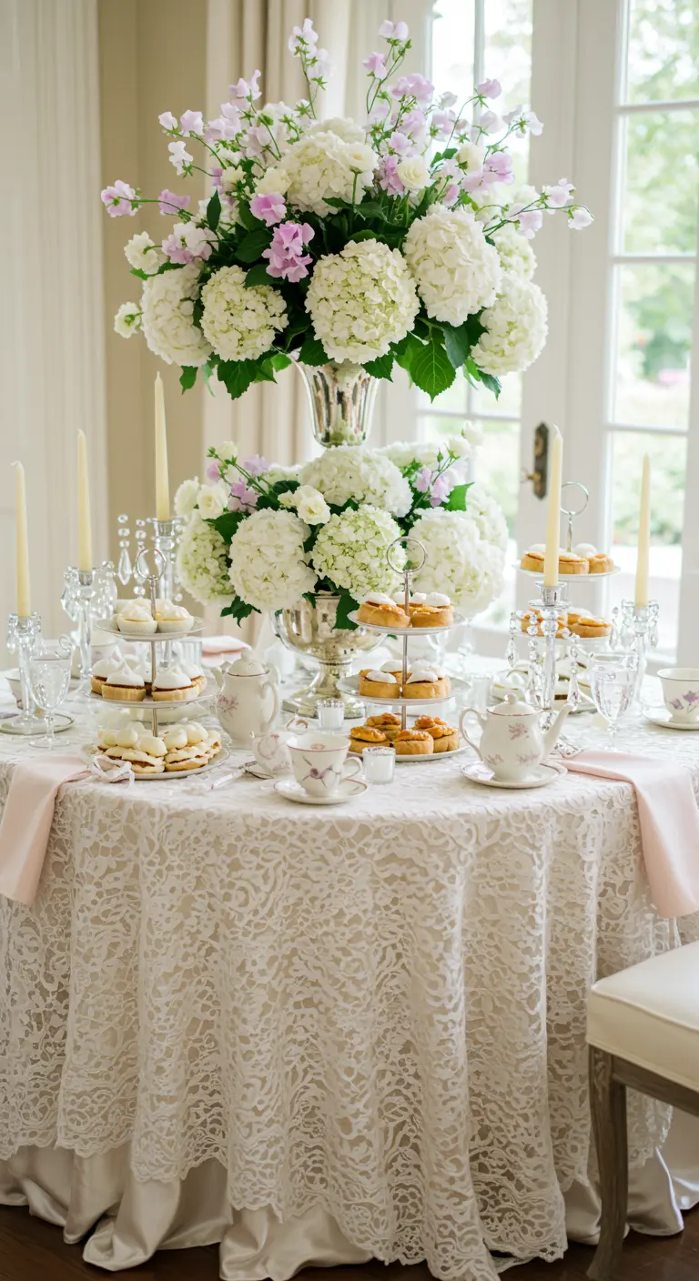 Elegant high tea table with a lace tablecloth, tiered dessert stands, and white hydrangeas.