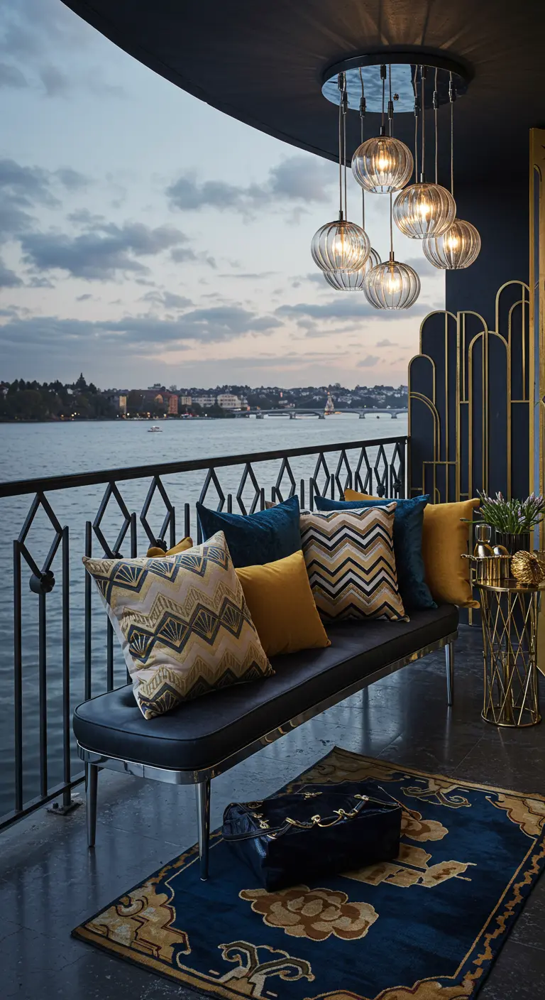 A balcony overlooking water with a black bench, gold accents, and Art Deco-style pillows.