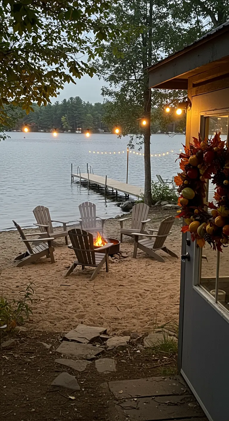 Lakeside bonfire on the sand with Adirondack chairs and a fall wreath on a nearby door.