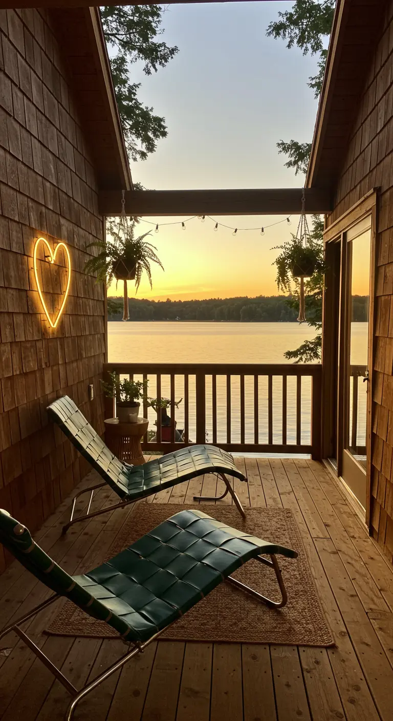 A warm white neon heart on a wooden cabin deck with green loungers overlooking a lake.