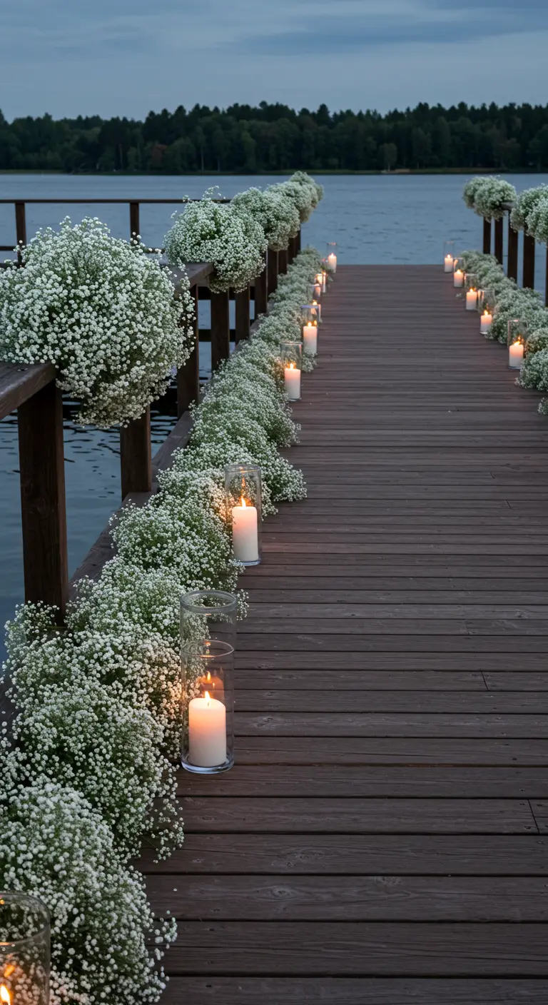 A wooden dock wedding aisle lined with clouds of baby's breath.