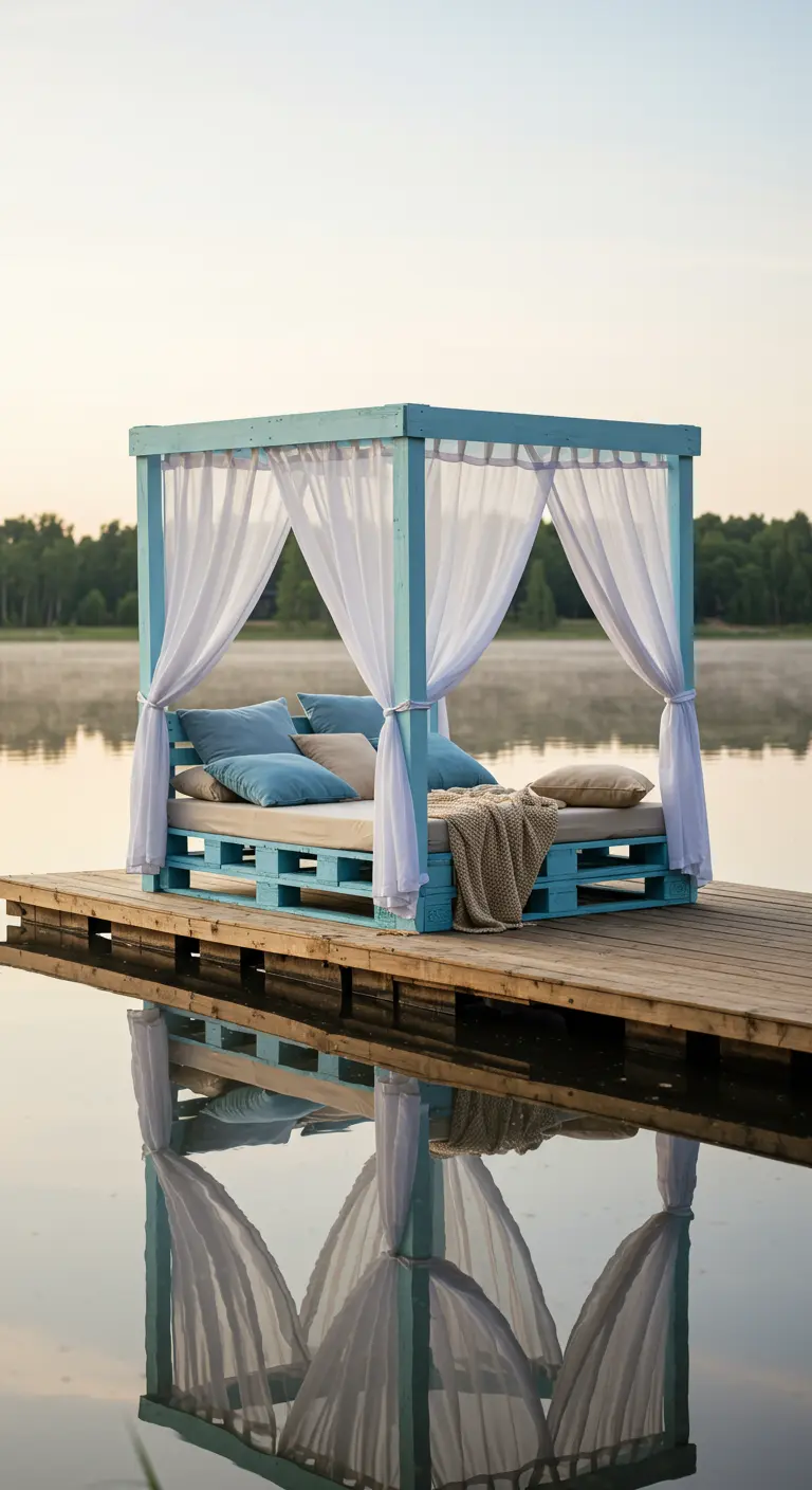 Sky-blue pallet canopy bed on a dock over a calm lake, with white curtains.