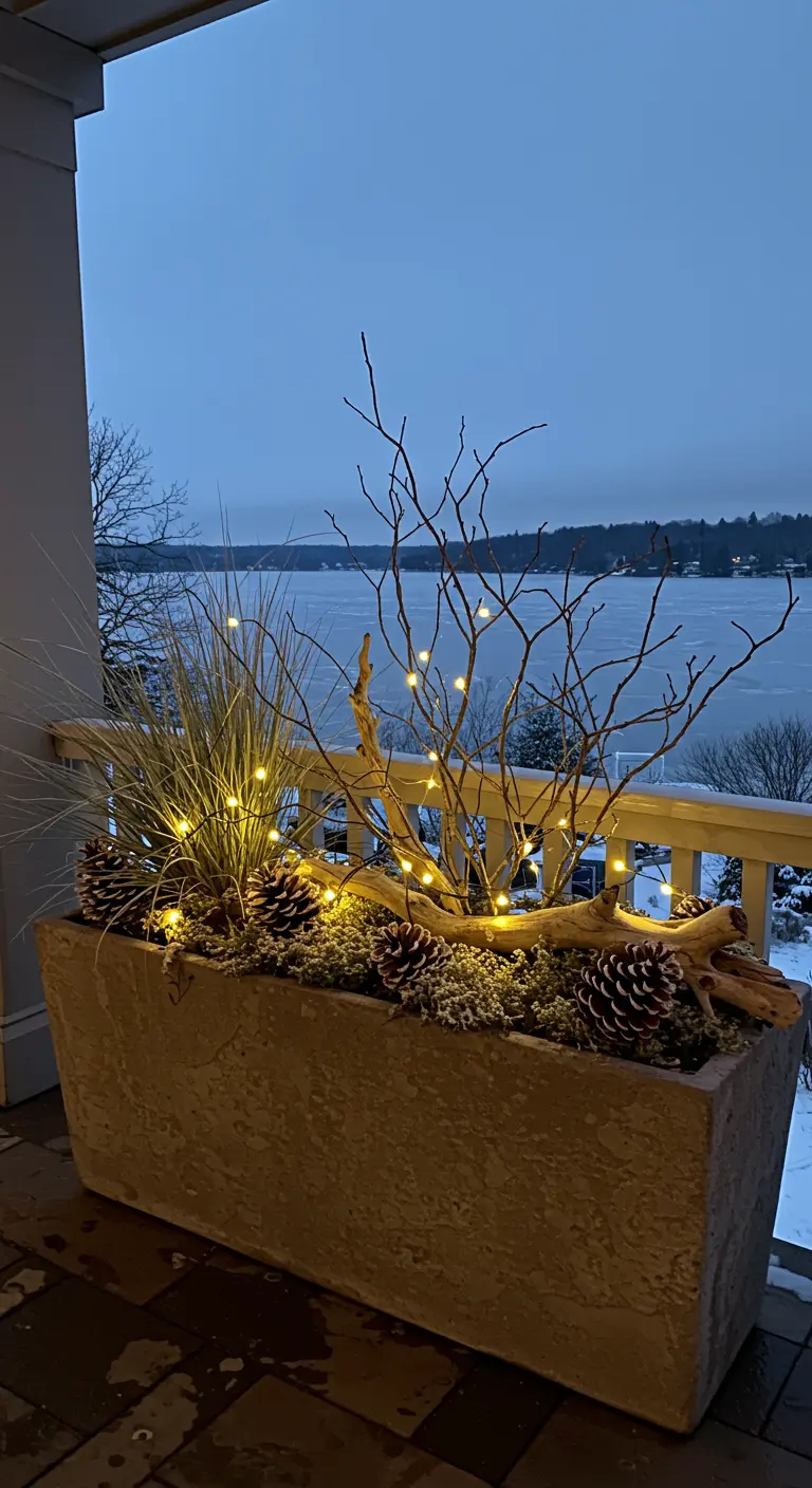 A long stone planter with driftwood, grasses, and pinecones overlooking a lake.