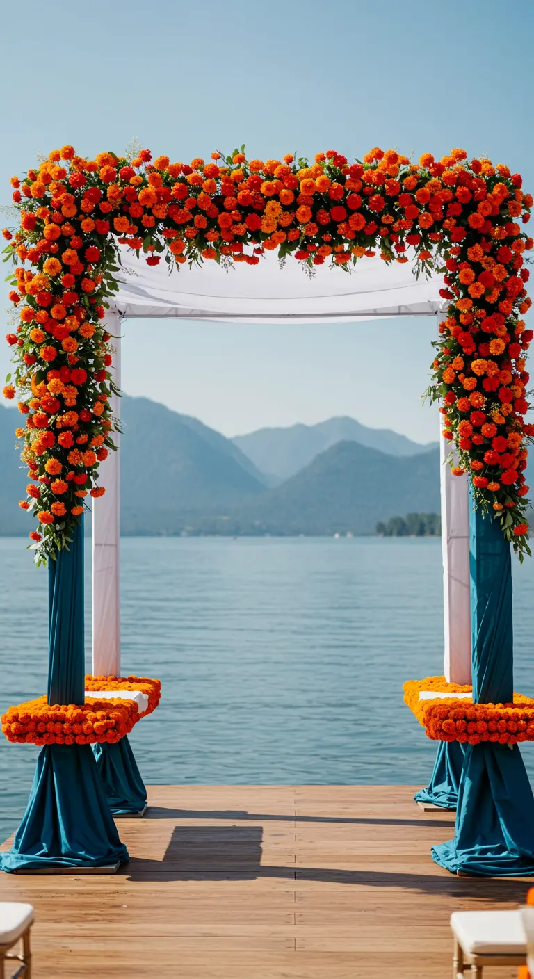 A marigold-topped wedding arch with teal-draped pillars overlooking a serene lake.