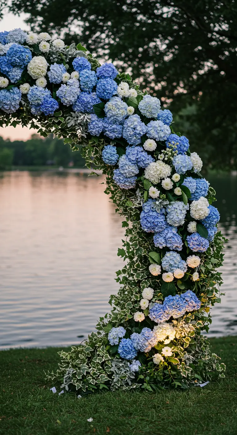 Half-moon arch with blue and white hydrangeas by a lake.