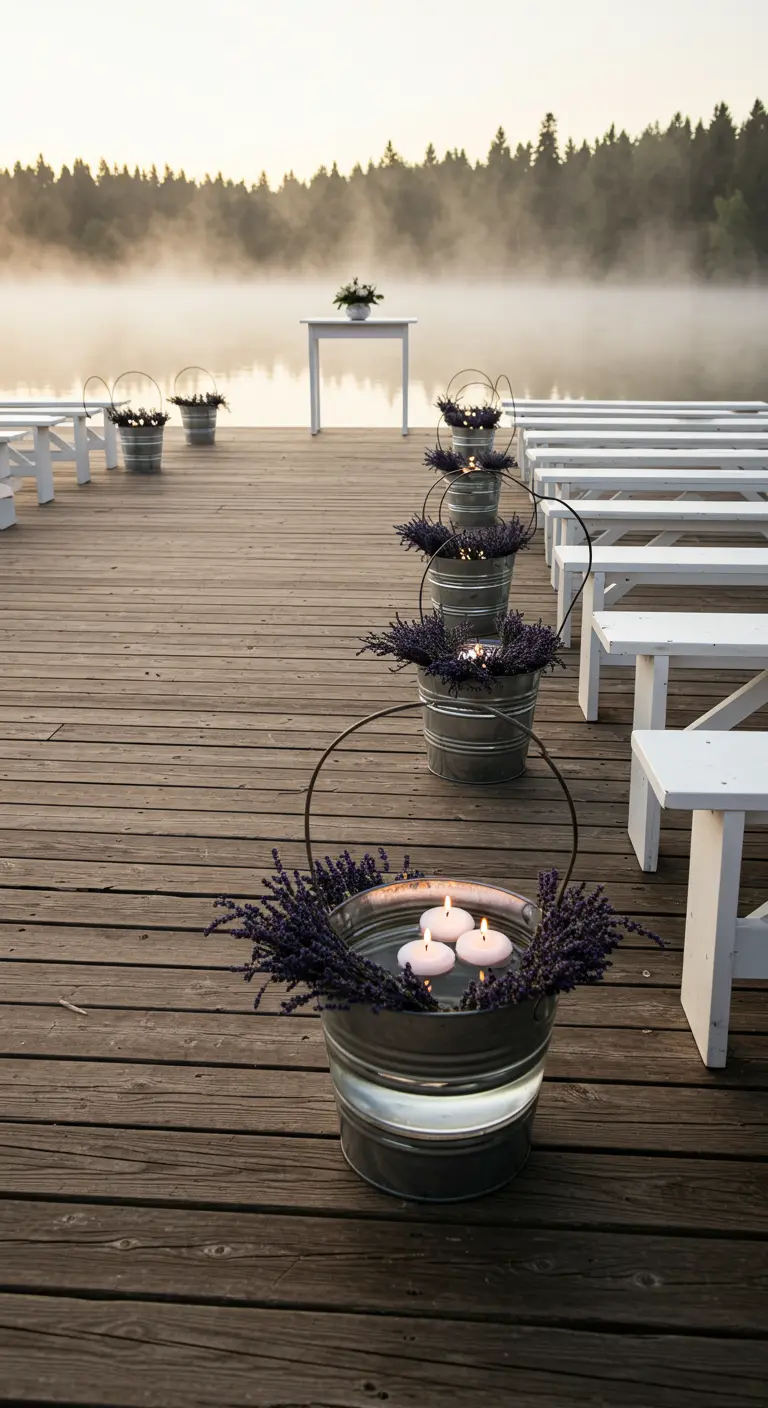 Pails with water, floating candles, and lavender lining a misty dock.