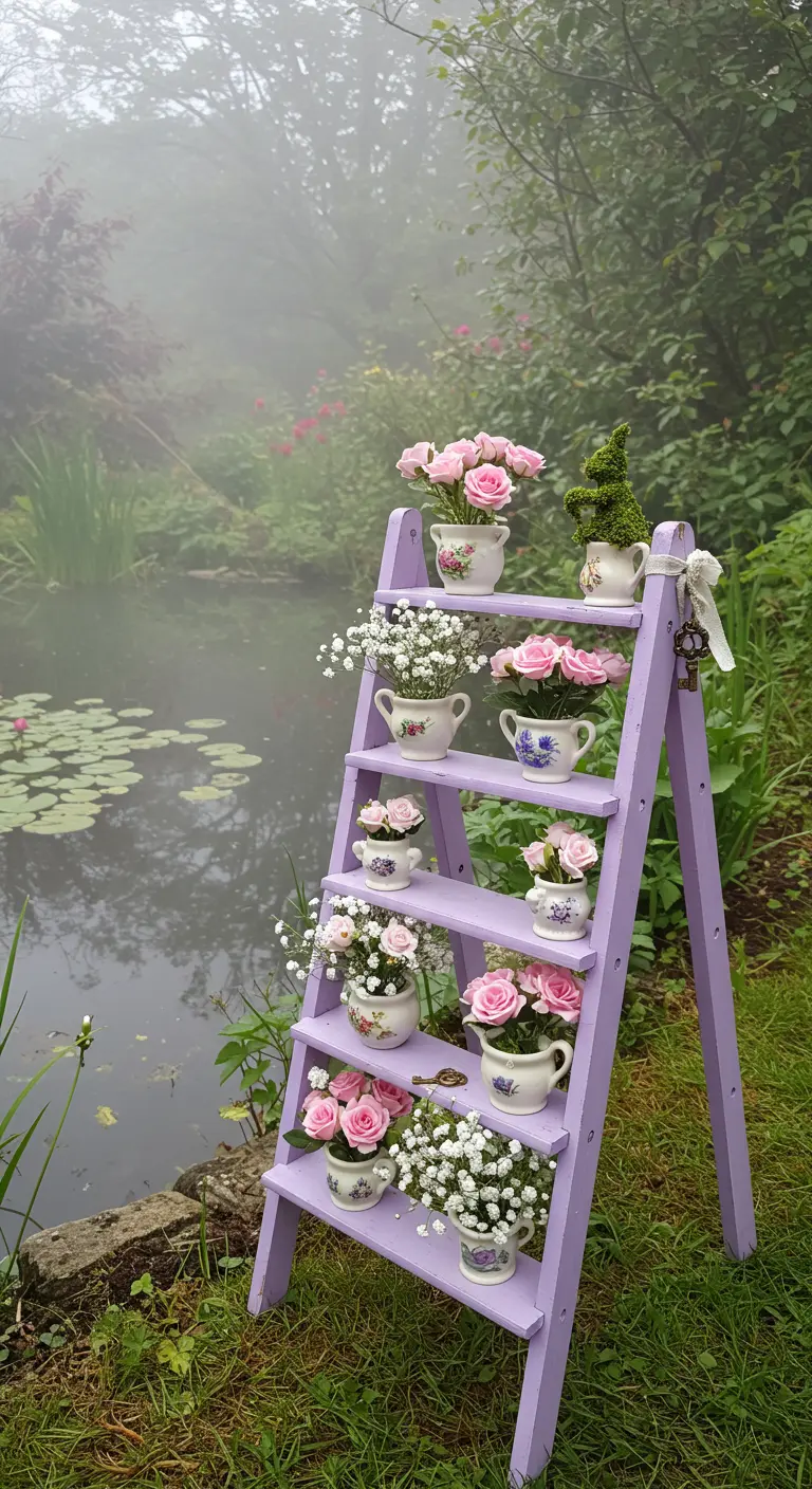 A lavender-painted ladder by a foggy lake, holding pink roses in vintage porcelain pitchers.