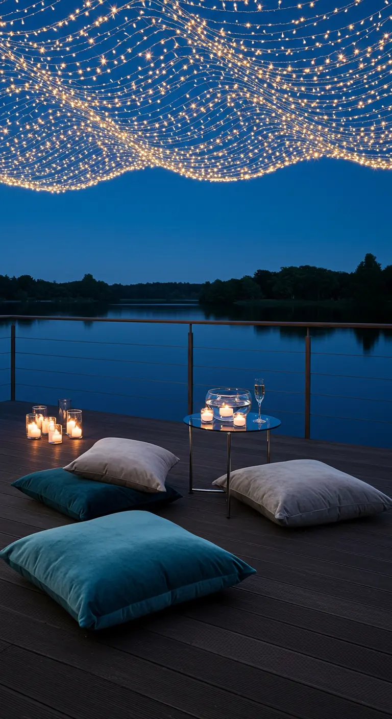 Balcony overlooking a lake with string lights, a glass table, and floor cushions.