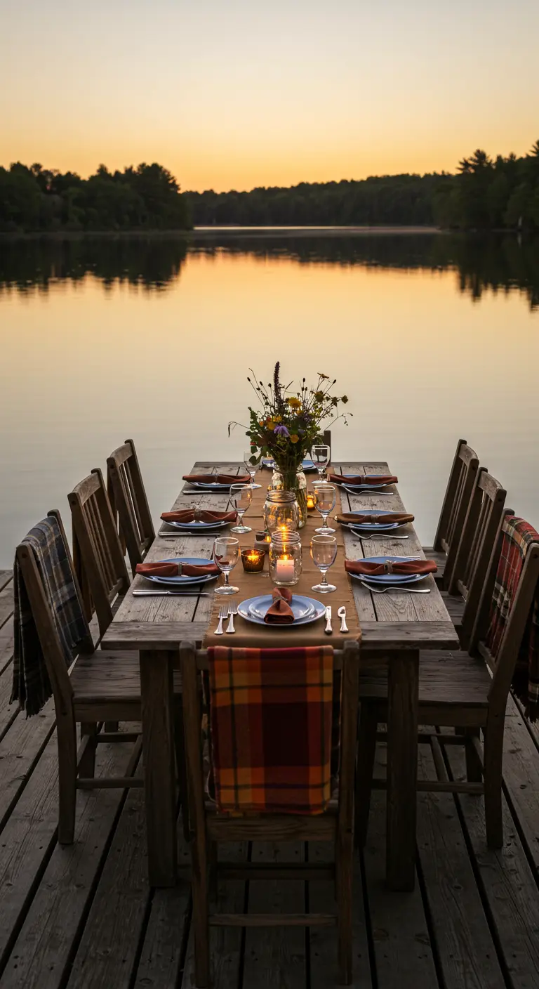 Rustic dining table on a dock at sunset with plaid blankets on chairs.