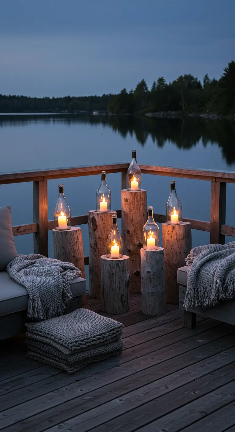 Wine bottle candle holders on varying-height log stumps next to a lake at dusk.