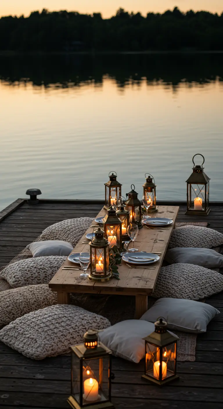 A low table on a dock surrounded by cushions, with lanterns and a calm lake at sunset.