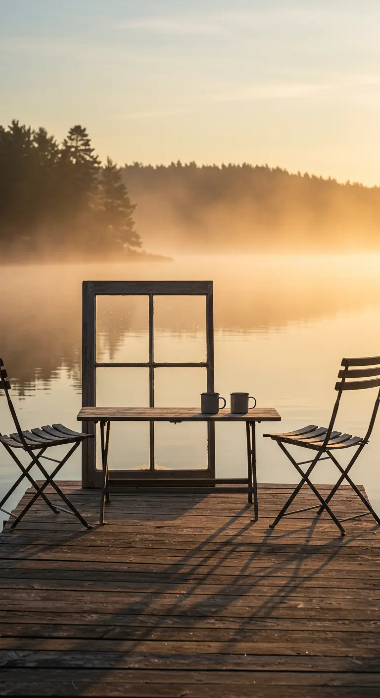 A simple window frame sits behind a bistro table on a wooden dock overlooking a misty lake at sunrise.