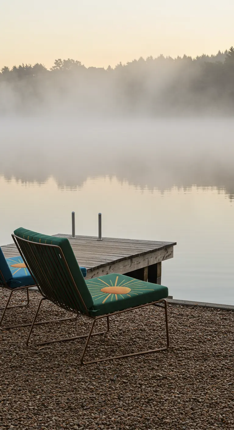 Two dark green wireframe chairs with sunburst cushions on a gravel shore next to a misty lake dock.