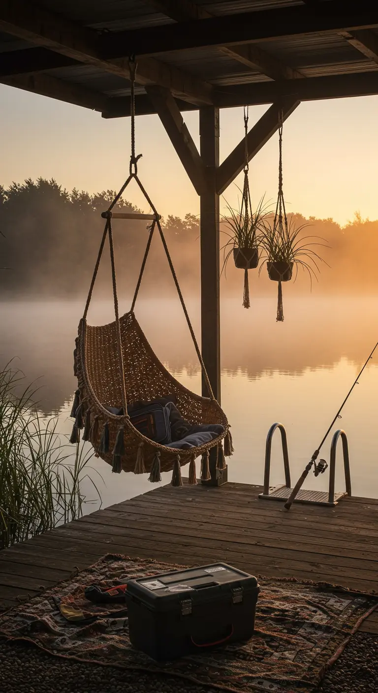A woven hammock chair hanging on a misty lakeside dock at dawn.