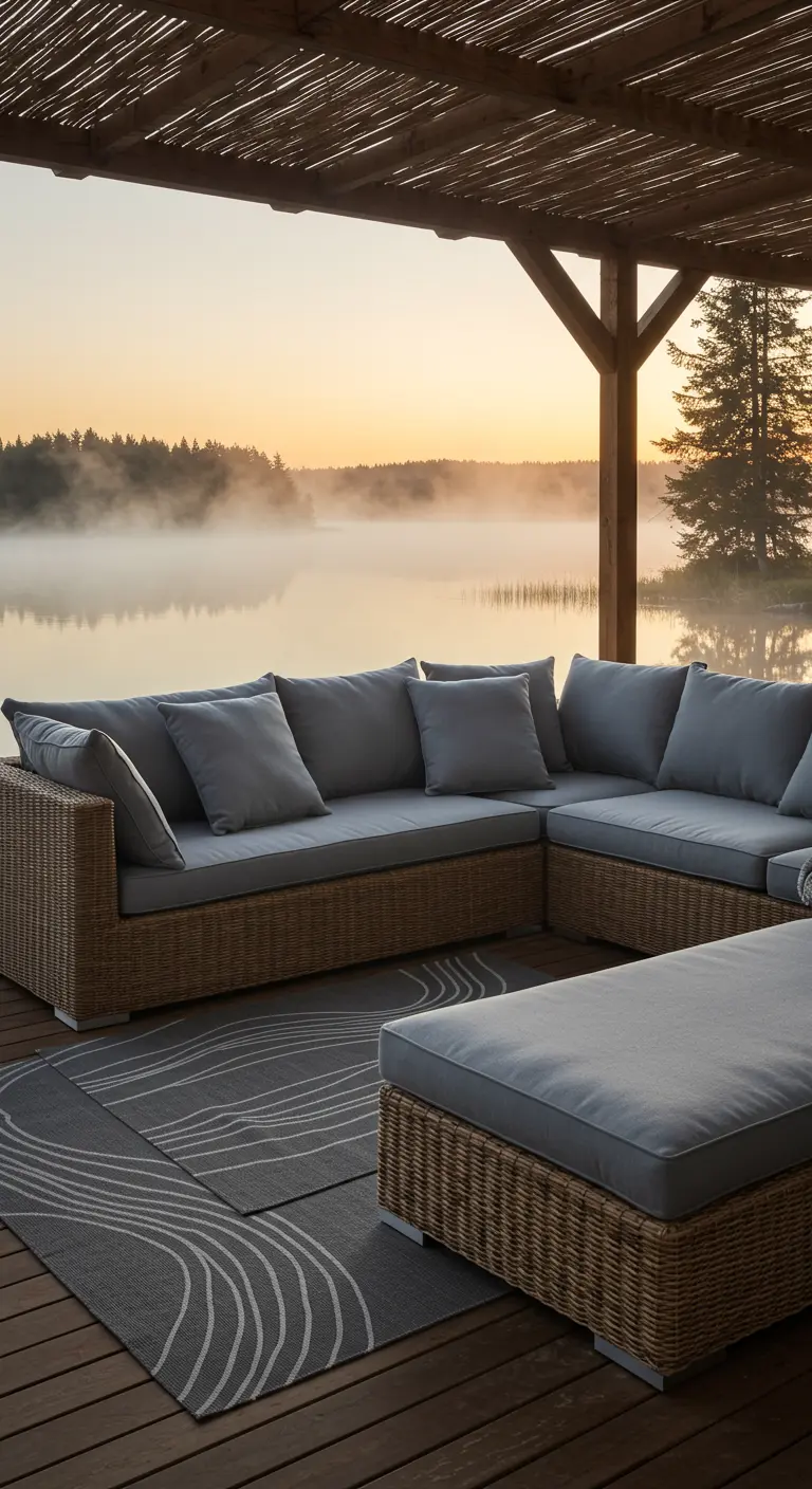 A large wicker sectional with grey-blue cushions on a deck overlooking a misty lake.