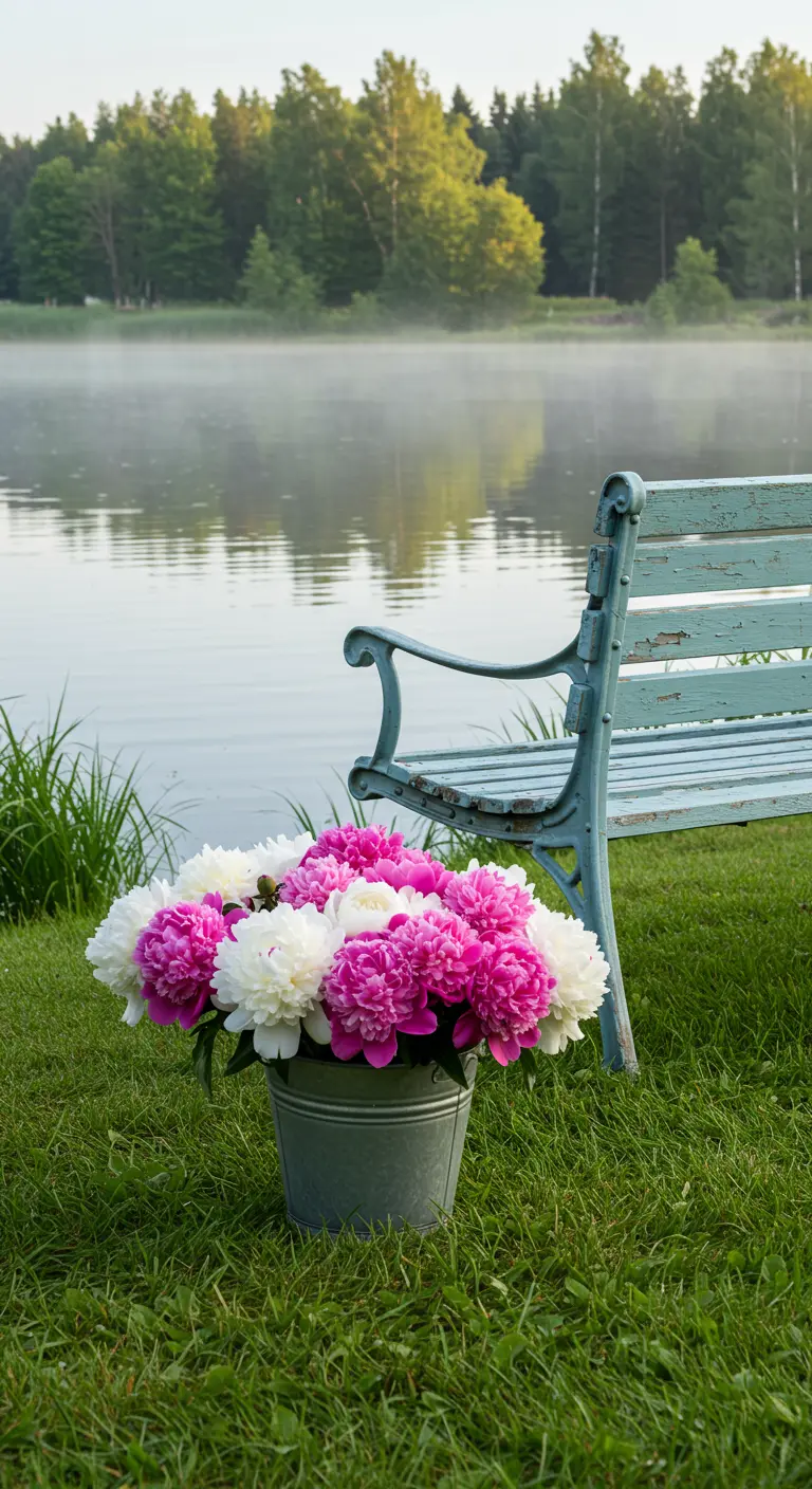 A distressed green cast-iron bench by a misty lake with a bucket of peonies.