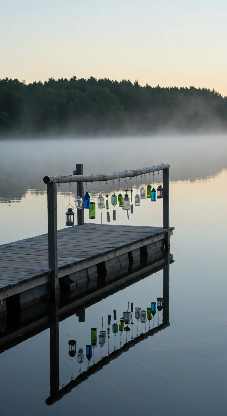 A simple bottle wind chime on a wooden dock over a calm, misty lake at dawn.