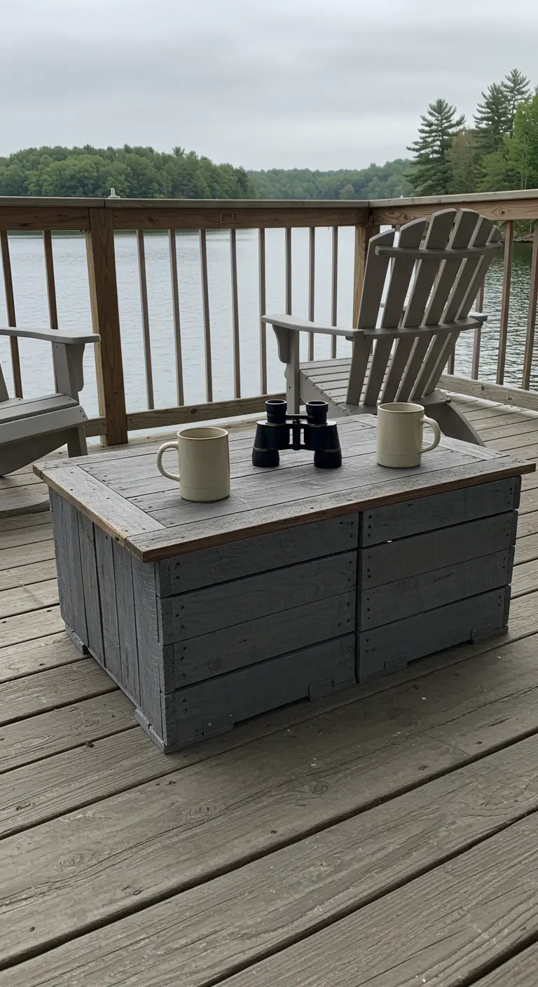 Grey-washed crate coffee table on a wooden deck overlooking a lake.