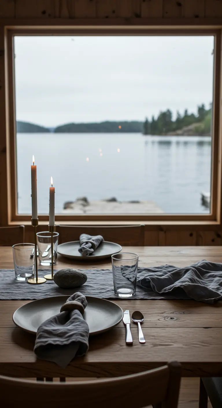 A simple table setting with stone napkin weights, overlooking a serene lake.