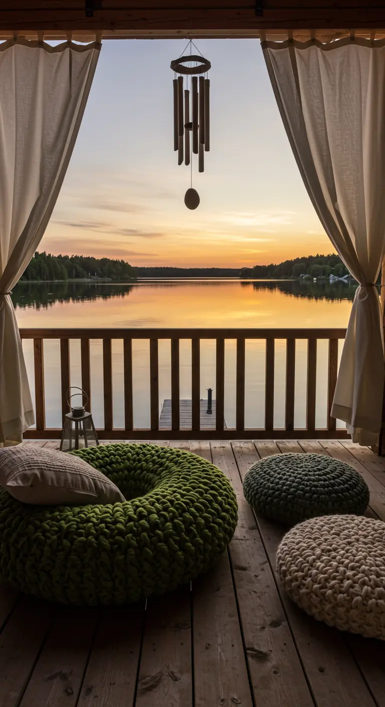Cozy balcony with chunky knit floor pillows overlooking a serene lake at sunset.