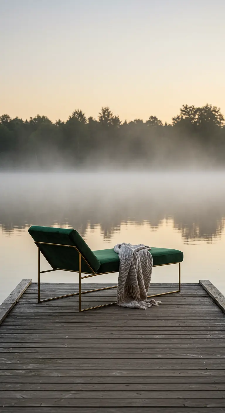 A single dark green velvet chaise on a wooden dock overlooking a misty lake.