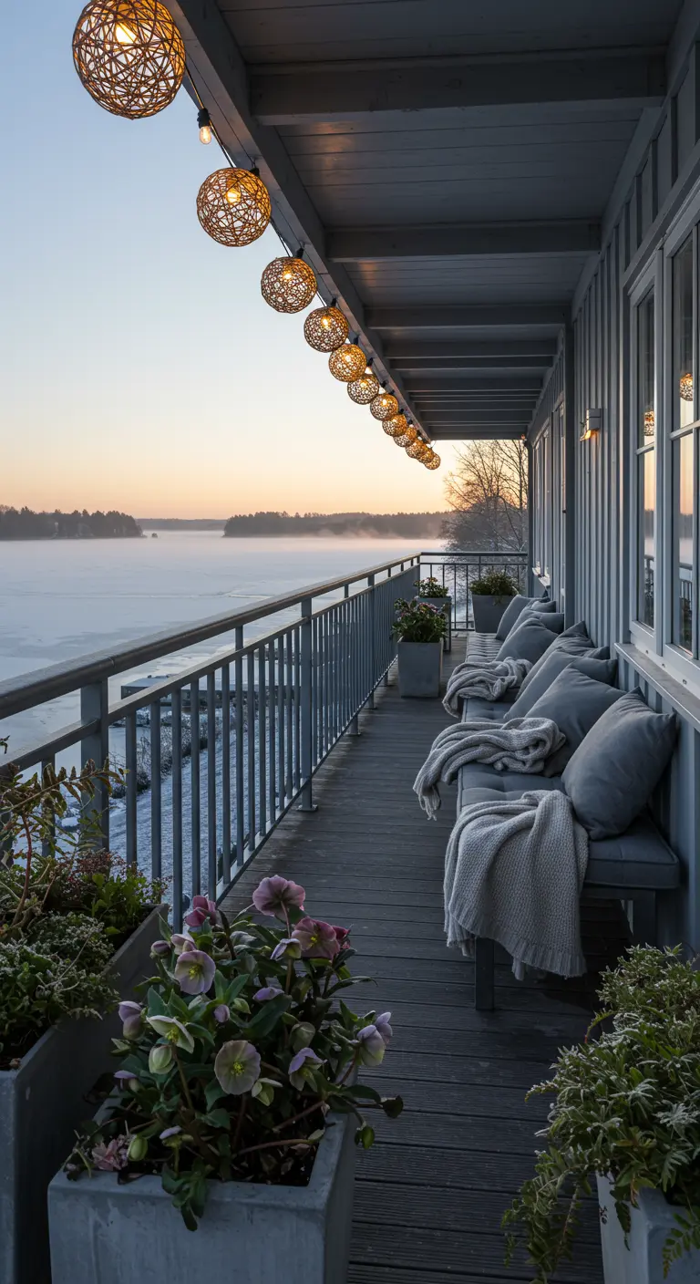 Long porch with grey benches overlooking a frozen lake, lit by rattan ball lights.