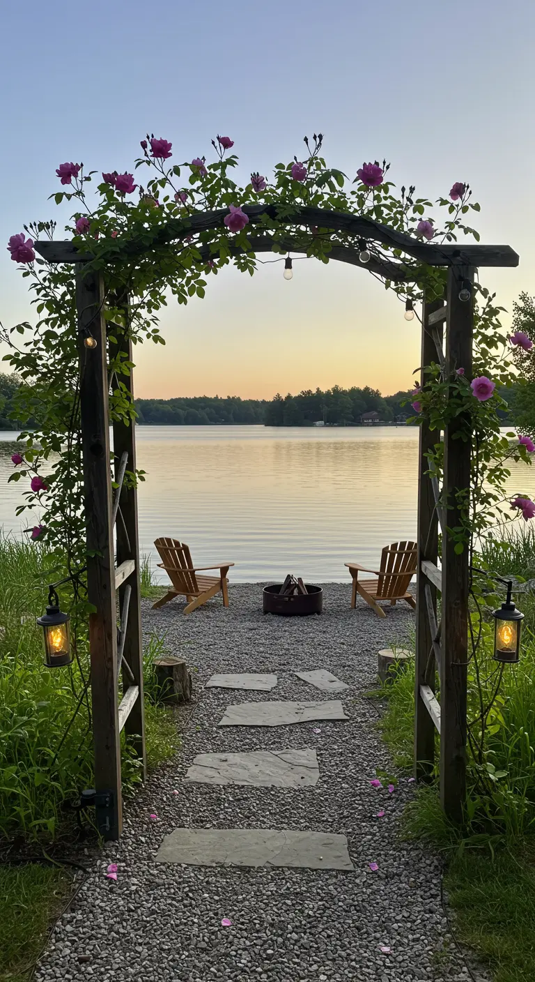 Wooden arch with pink climbing roses and string lights framing a view of a tranquil lake.