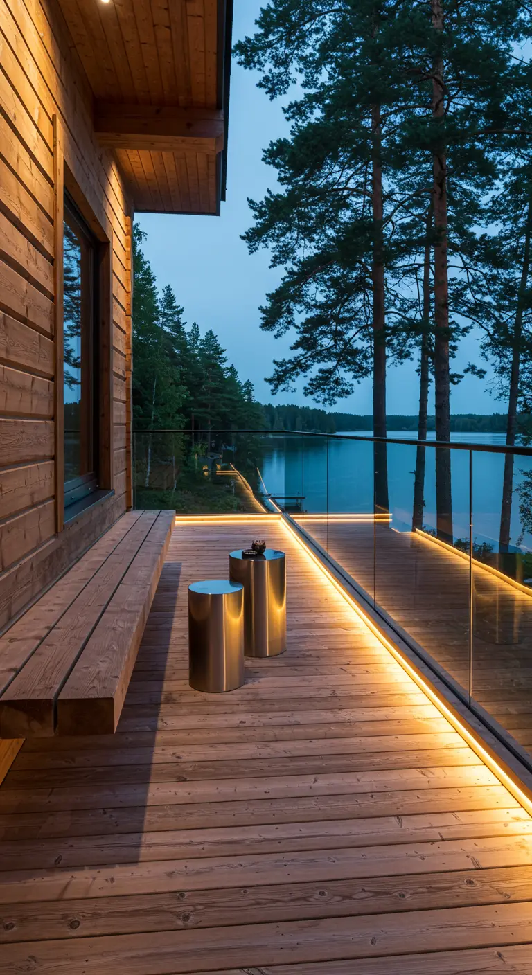 Wooden lakeside deck with a bench and steel side tables, lit by an LED strip.