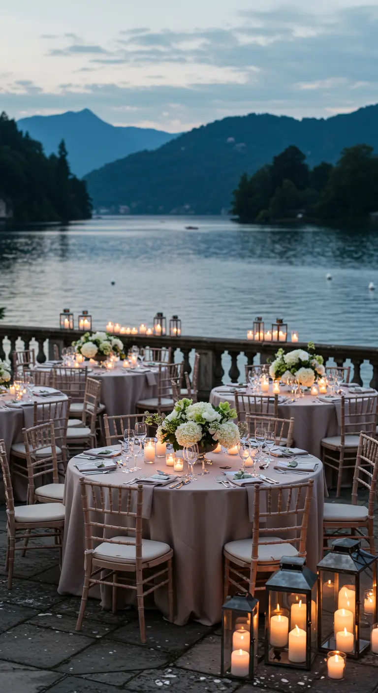 Lakeside wedding tables at dusk with white hydrangea centerpieces and dozens of glowing candles.