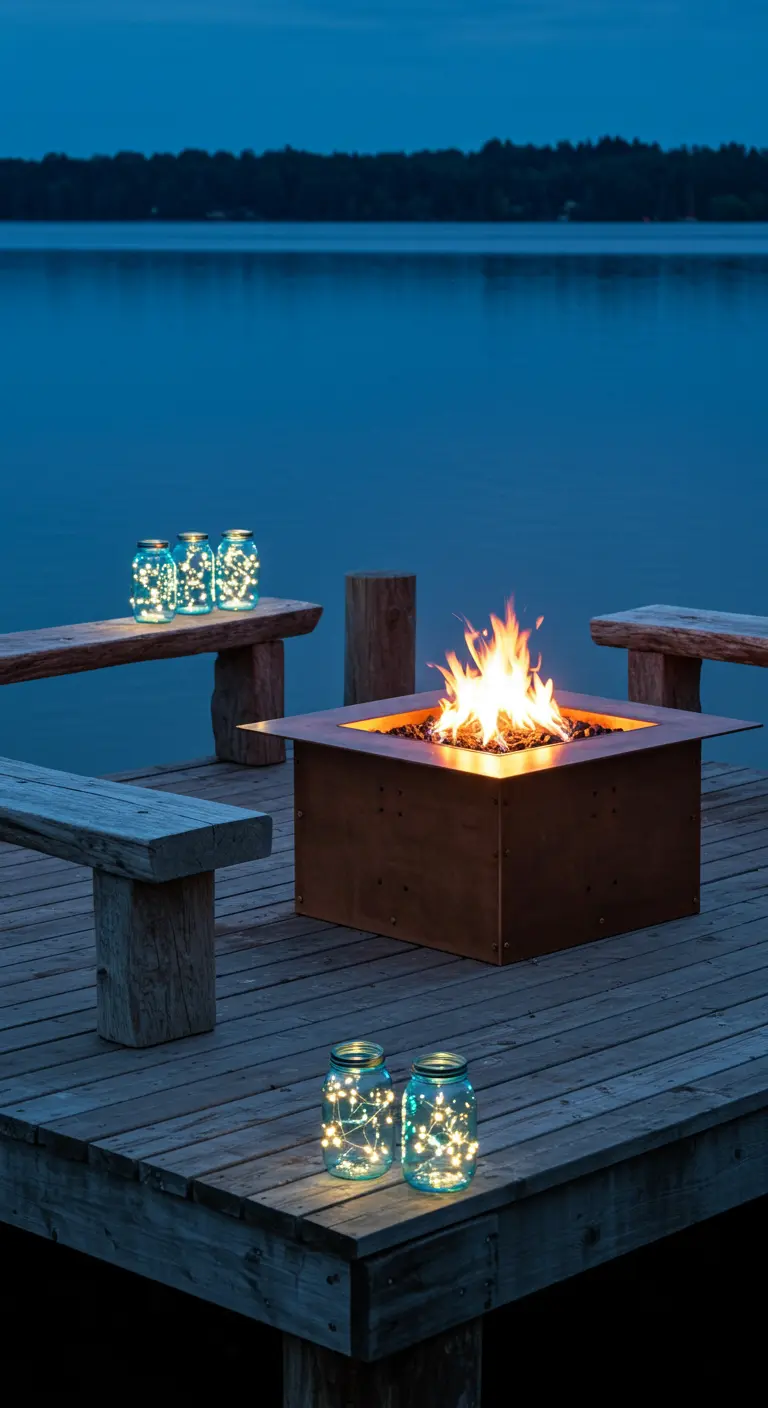 A fire pit on a wooden dock at dusk with log benches and mason jars filled with blue lights.