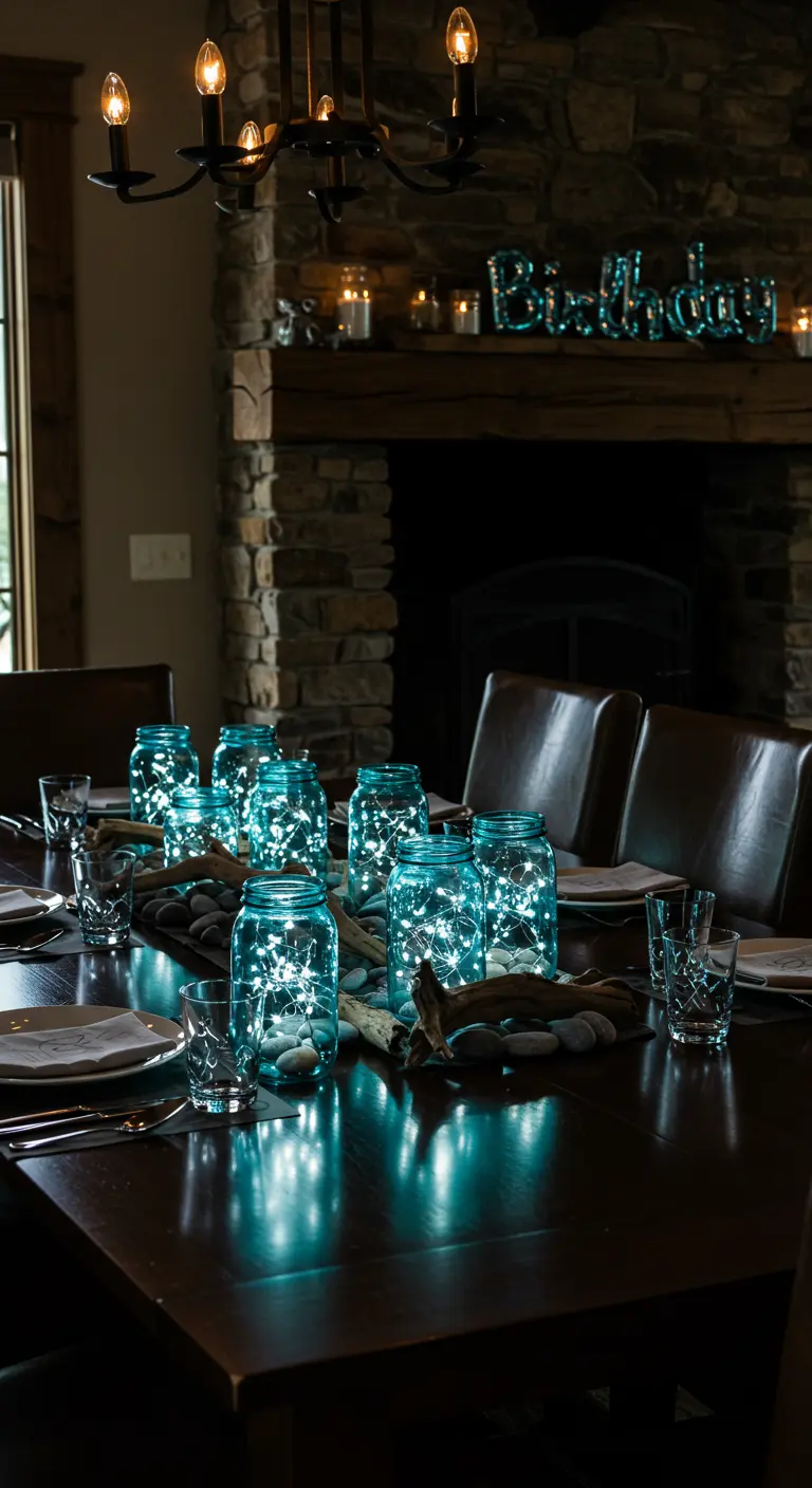 Blue-tinted mason jars with fairy lights and driftwood on a dark wood table.