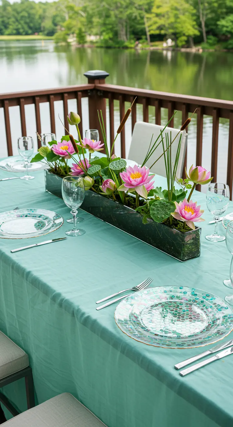 Table by a lake with a long glass vase centerpiece filled with water lilies.