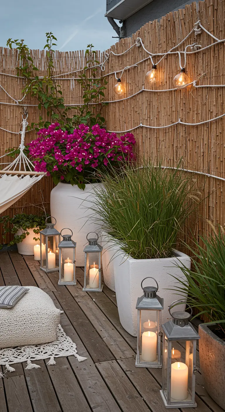 Cozy deck with a hammock, lanterns on the floor, and planters with bright flowers