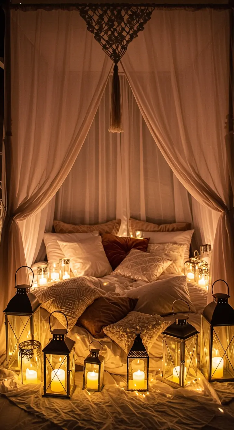 A romantic bed draped with sheer curtains and surrounded by dozens of candle-lit lanterns on the floor.