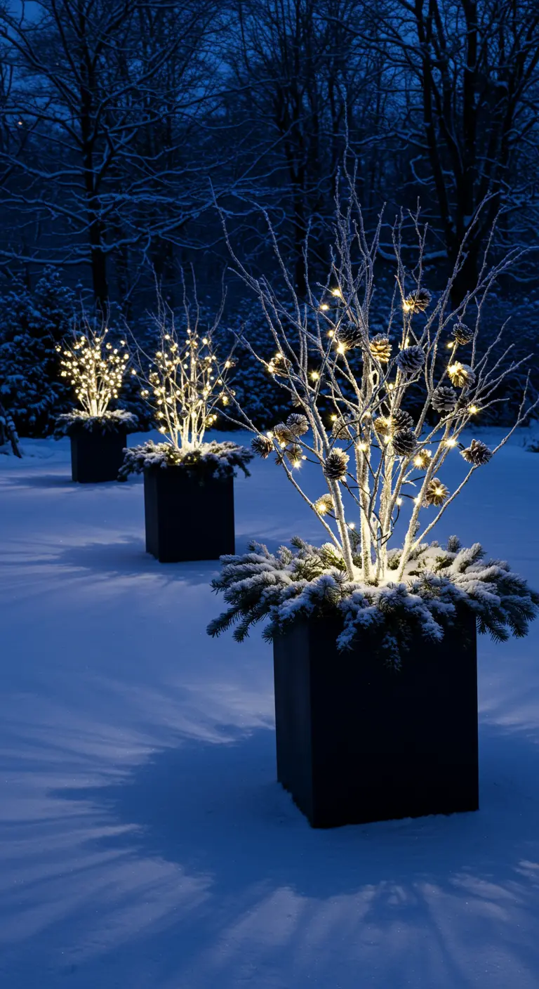 Three black planters with lit white branches standing like beacons in a snowy landscape.