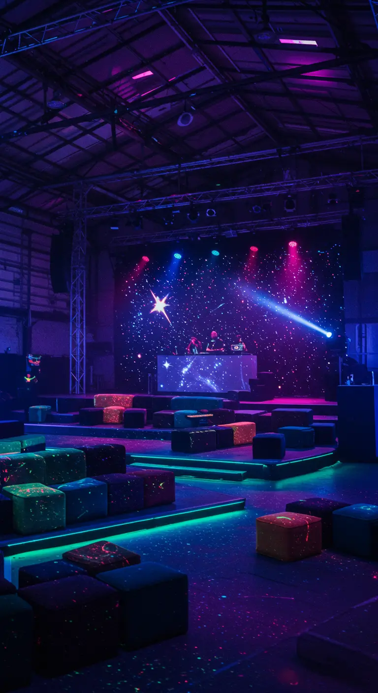 A futuristic warehouse party with cosmic light projections and glowing cube seats.
