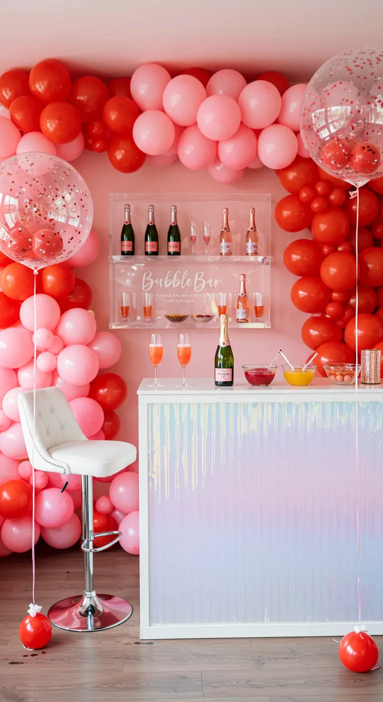 A chic 'Bubble Bar' with an iridescent front, framed by red and pink balloons, serving champagne cocktails.