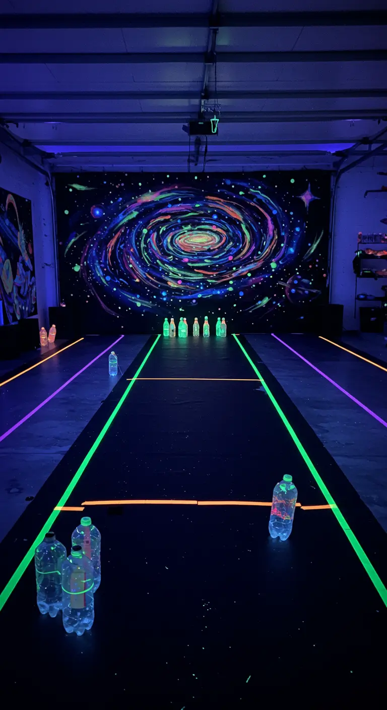 DIY glow-in-the-dark bowling alley with neon tape lanes and a painted galaxy backdrop.