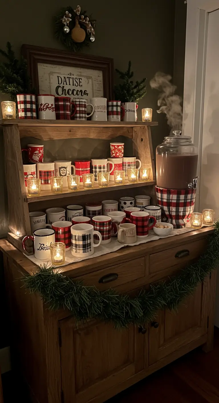 A rustic wooden hutch set up as a hot chocolate bar with plaid mugs and candles.
