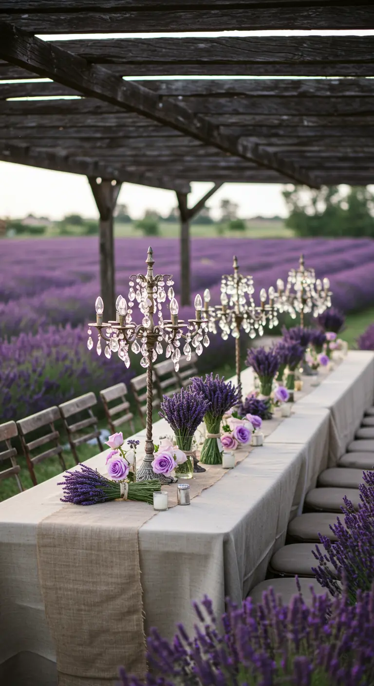 A long table set in a lavender field with rustic candelabras and lavender floral arrangements.
