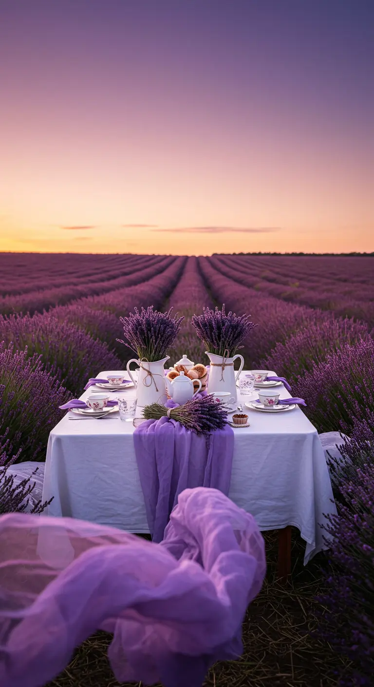 A tea party table set in a lavender field at sunset, with purple fabrics and lavender bouquets.