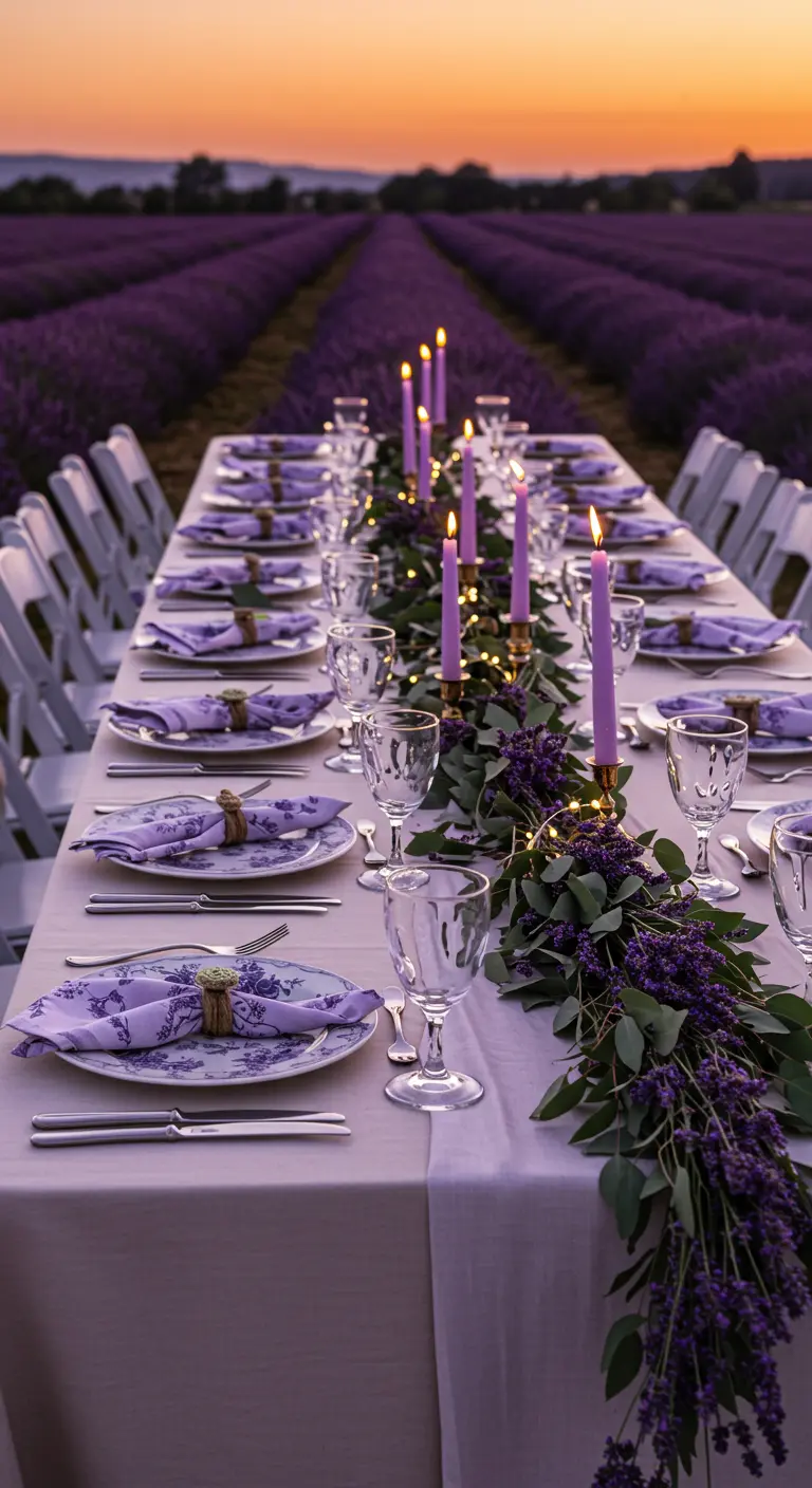 Long table in a lavender field with purple candles and lavender floral runner.