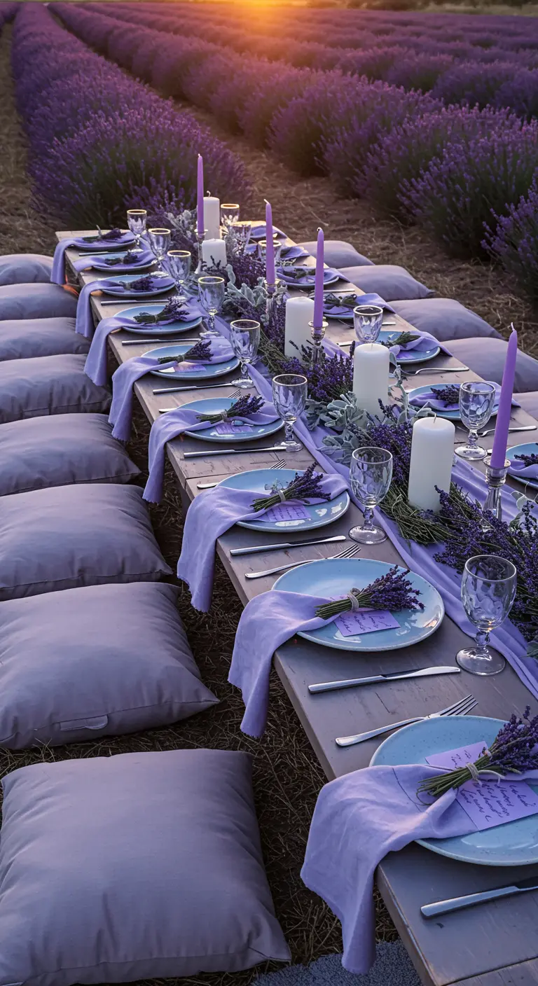 A long picnic table in a lavender field, decorated entirely in shades of purple.