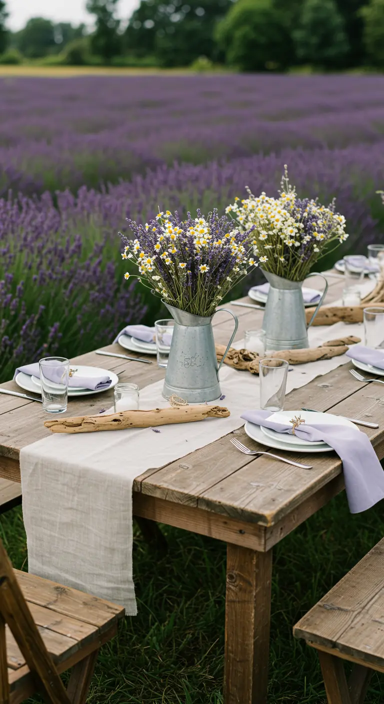 A rustic table in a lavender field with lavender bouquets in galvanized pitchers.
