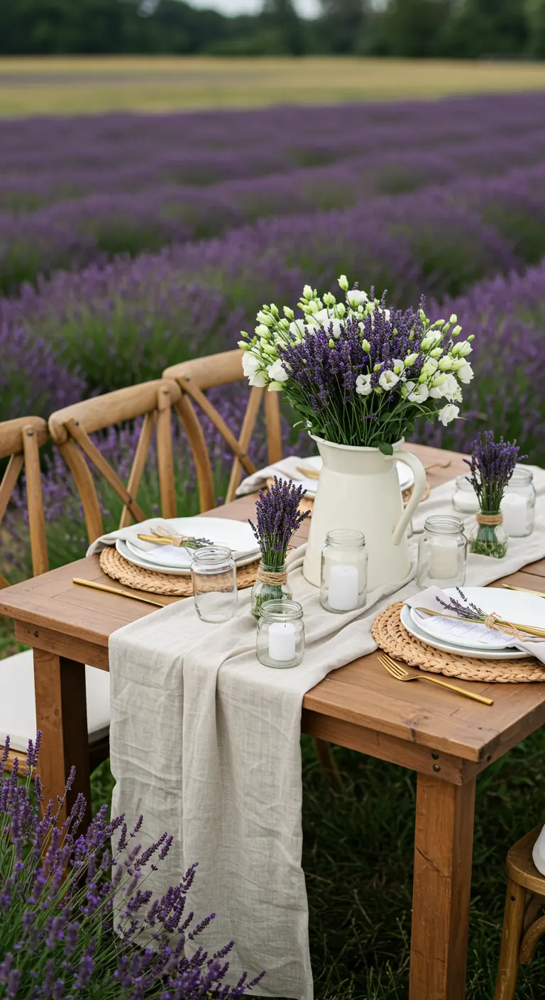 A rustic table set in a lavender field with a white pitcher of lavender and lisianthus.
