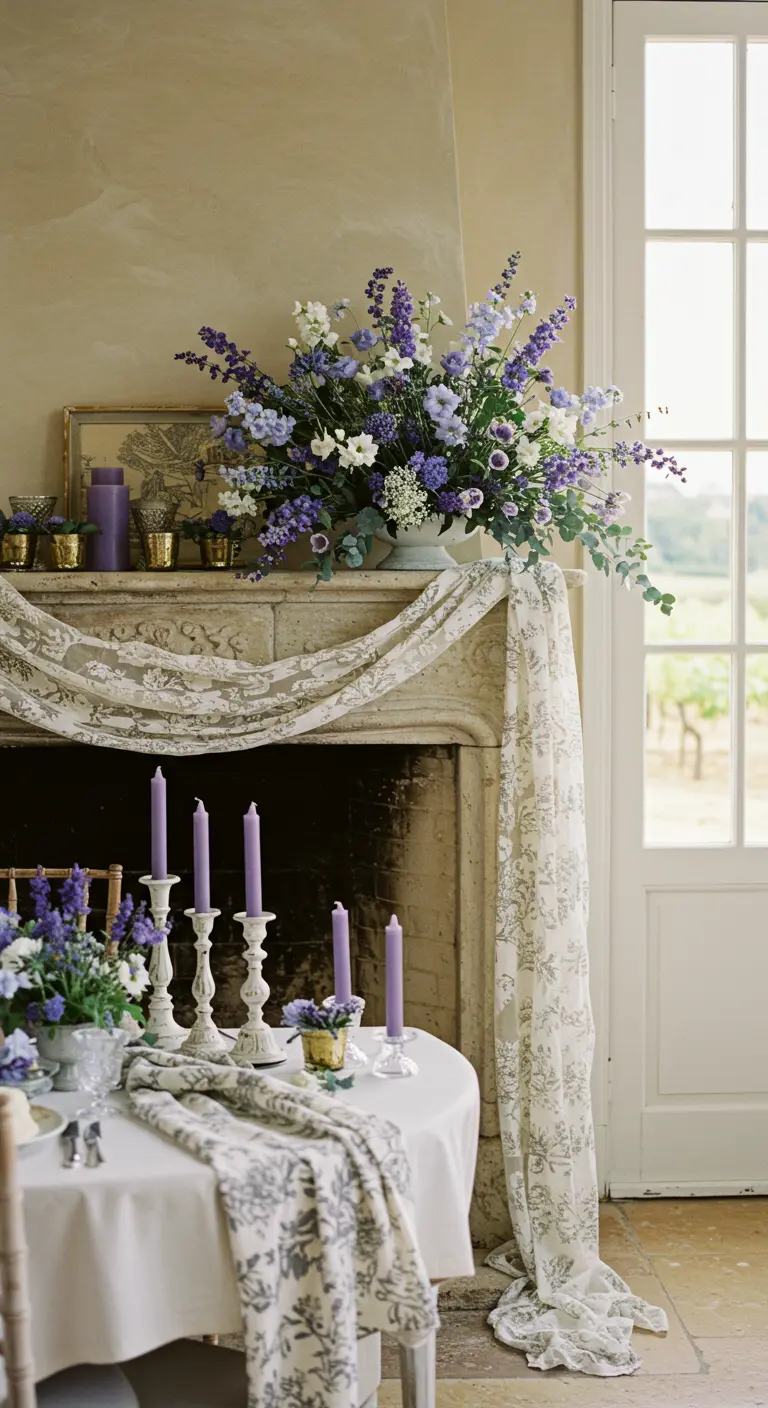 Mantel and table decorated with lavender and purple flowers, purple candles, and patterned fabric.