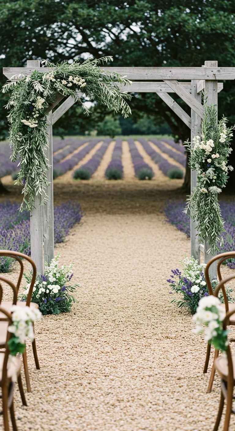 A weathered wood arch with olive branches overlooking endless rows of lavender fields.
