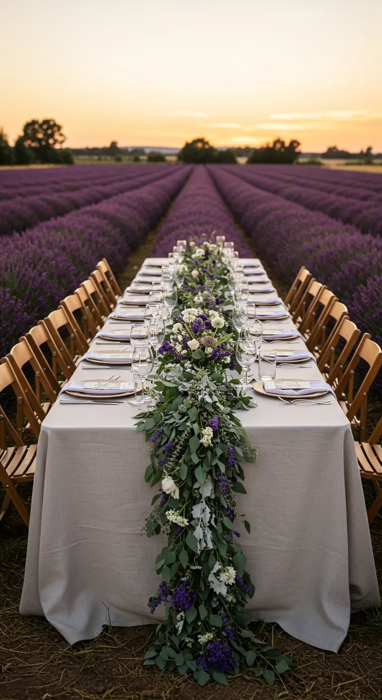 A long table set for a reception in a lavender field, with a eucalyptus and lavender garland.