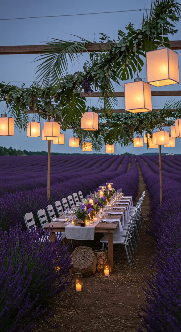 A long dining table in a lavender field at dusk, under a pergola with hanging lanterns.